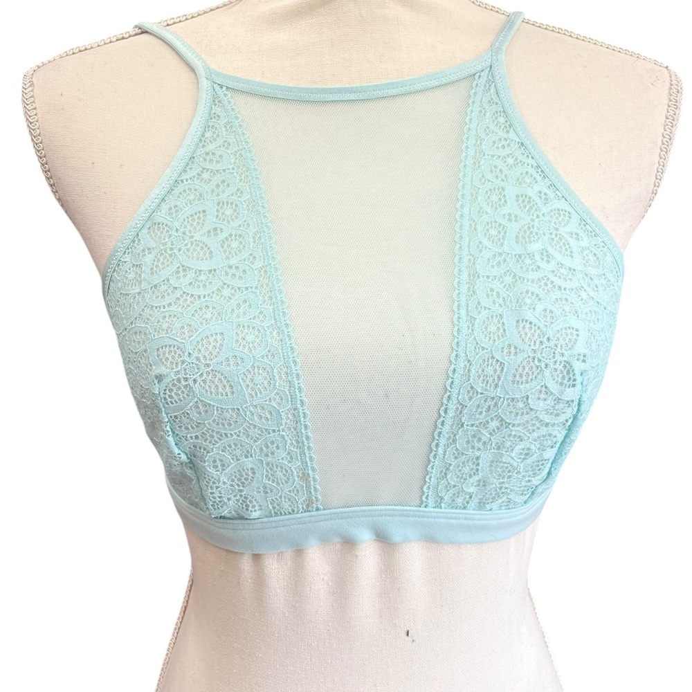 Victoria’s Secret Dream Angels Lace Mesh High Neck Bralette Aqua Blue M - Picture 2 of 9